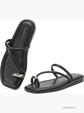 Strappy Toe Ring Flat Sandals - Slide On Comfort Dressy Beach Shoes